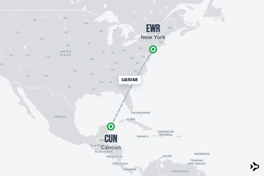 UA1048 flight map from EWR to CUN
