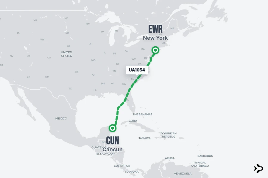 UA1054 flight map from EWR to CUN