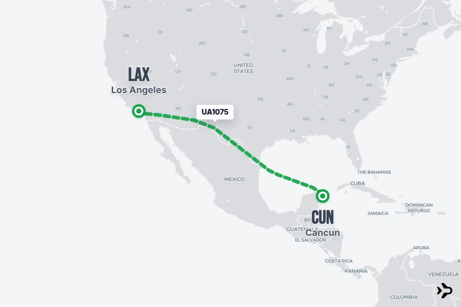 UA1075 flight map from LAX to CUN
