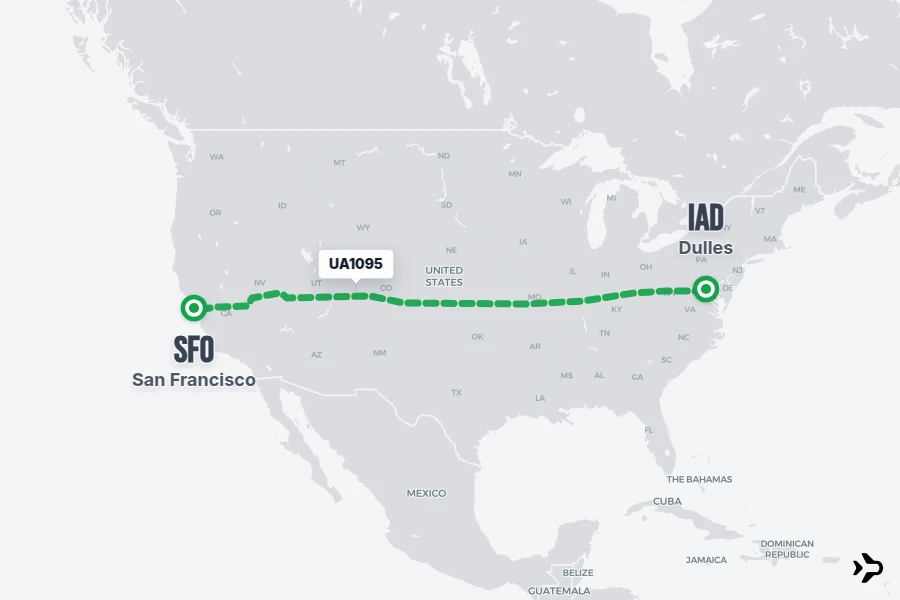 UA1095 flight map from IAD to SFO