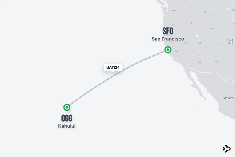 UA1124 flight map from SFO to OGG