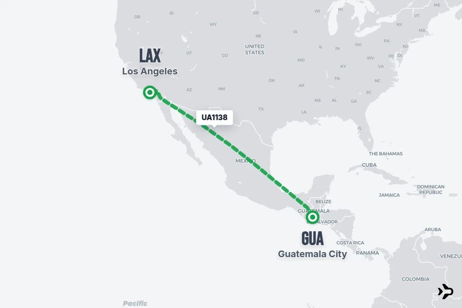 UA1138 flight map from GUA to LAX