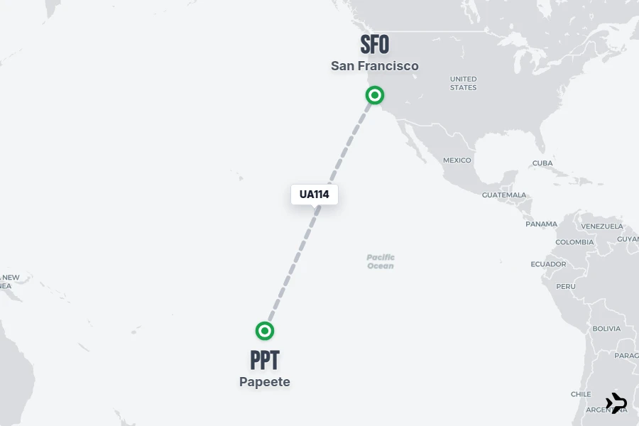 UA114 flight map from PPT to SFO
