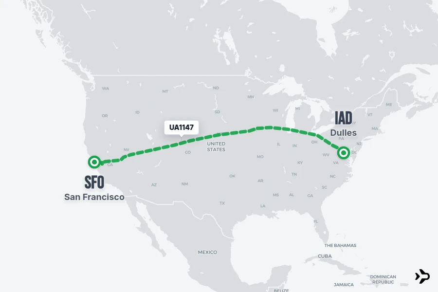 UA1147 flight map from IAD to SFO
