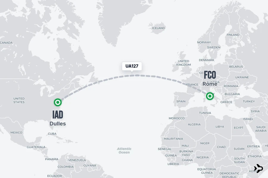 UA127 flight map from FCO to IAD