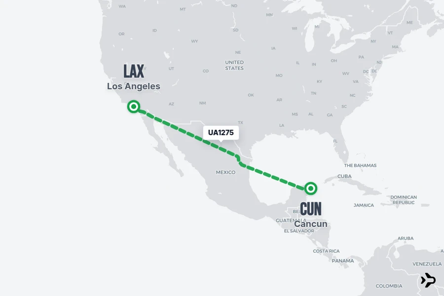 UA1275 flight map from CUN to LAX