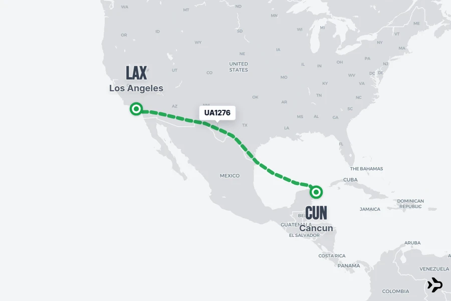 UA1276 flight map from LAX to CUN