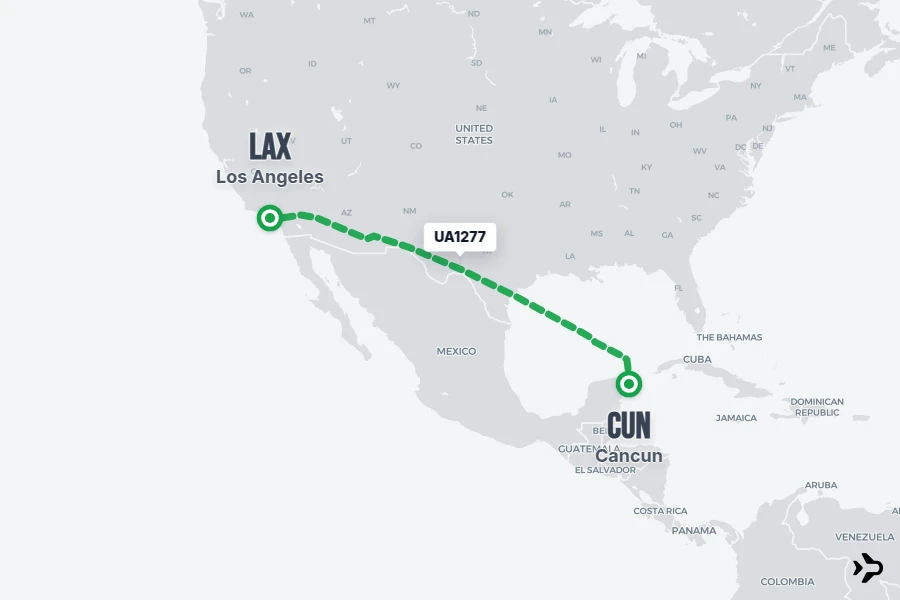 UA1277 flight map from CUN to LAX