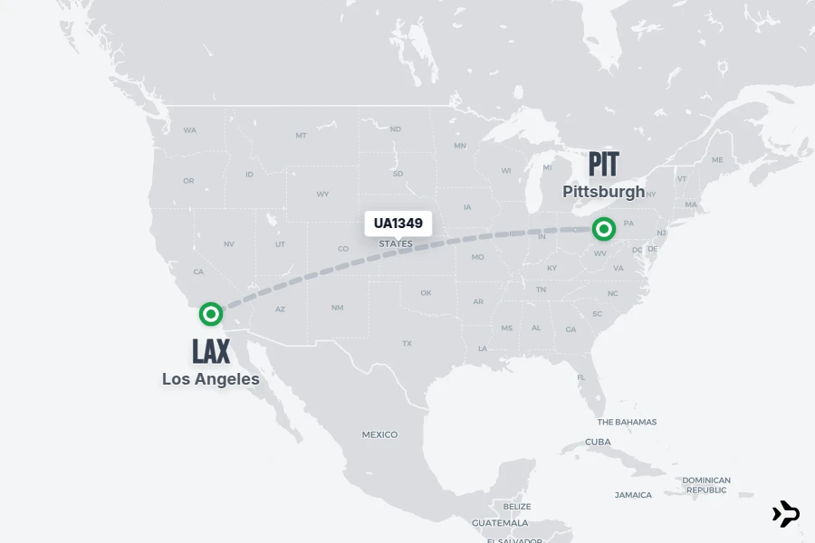 UA1349 flight map from PIT to LAX