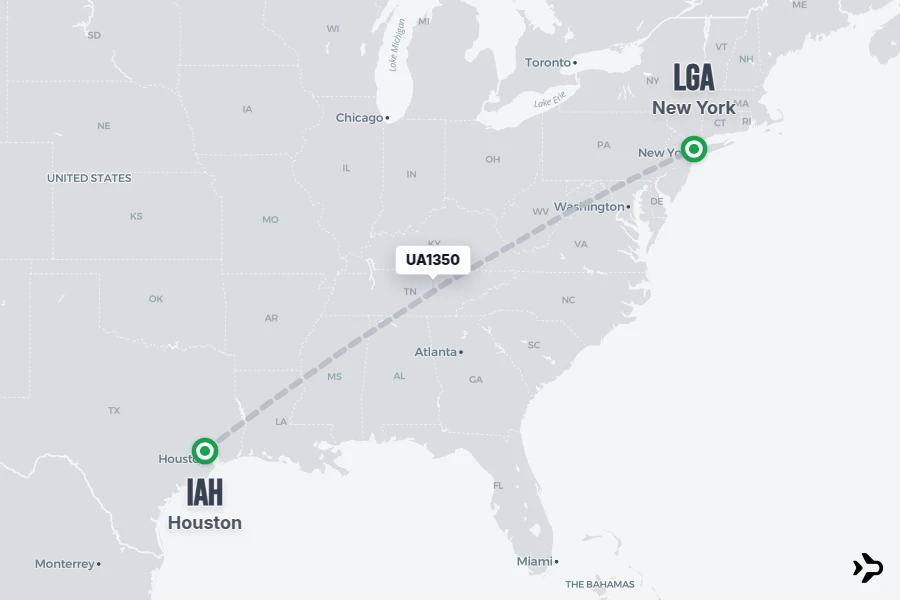 UA1350 flight map from IAH to LGA