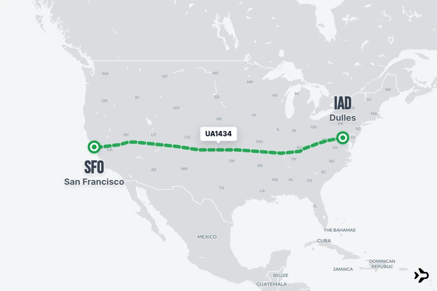 UA1434 flight map from IAD to SFO