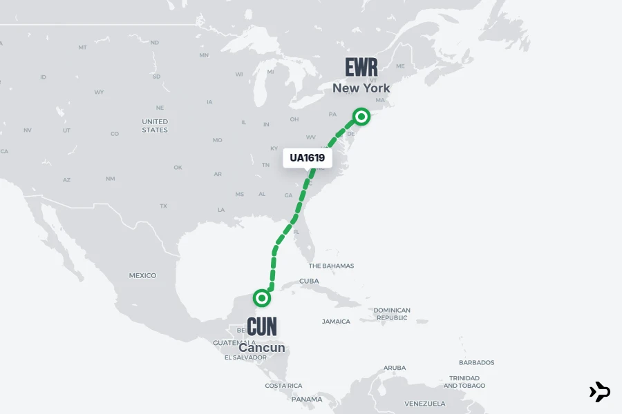 UA1619 flight map from EWR to CUN