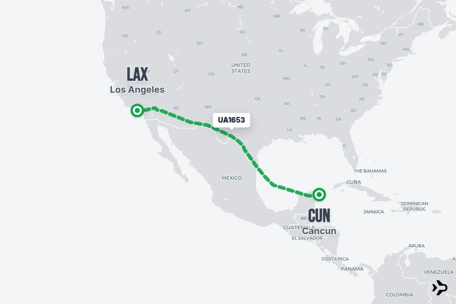 UA1653 flight map from CUN to LAX