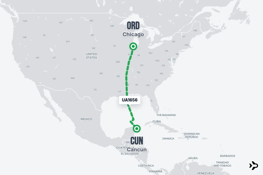 UA1656 flight map from ORD to CUN