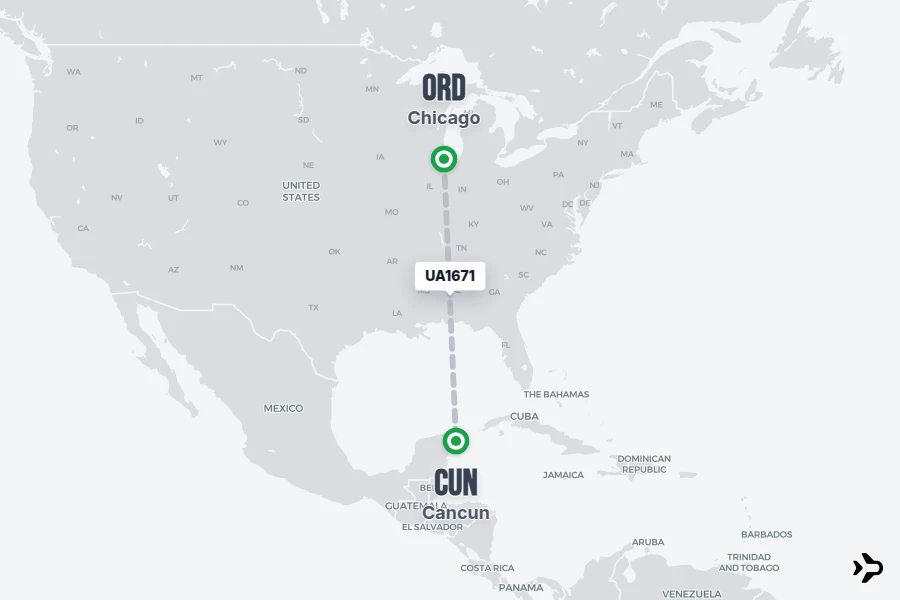 UA1671 flight map from ORD to CUN