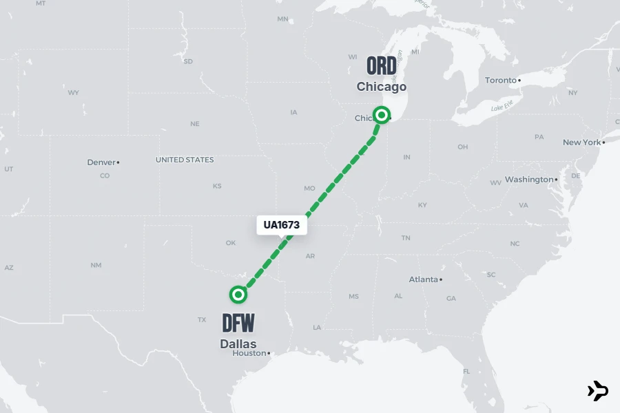 UA1673 flight map from ORD to DFW