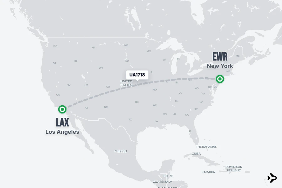 UA1718 flight map from EWR to LAX