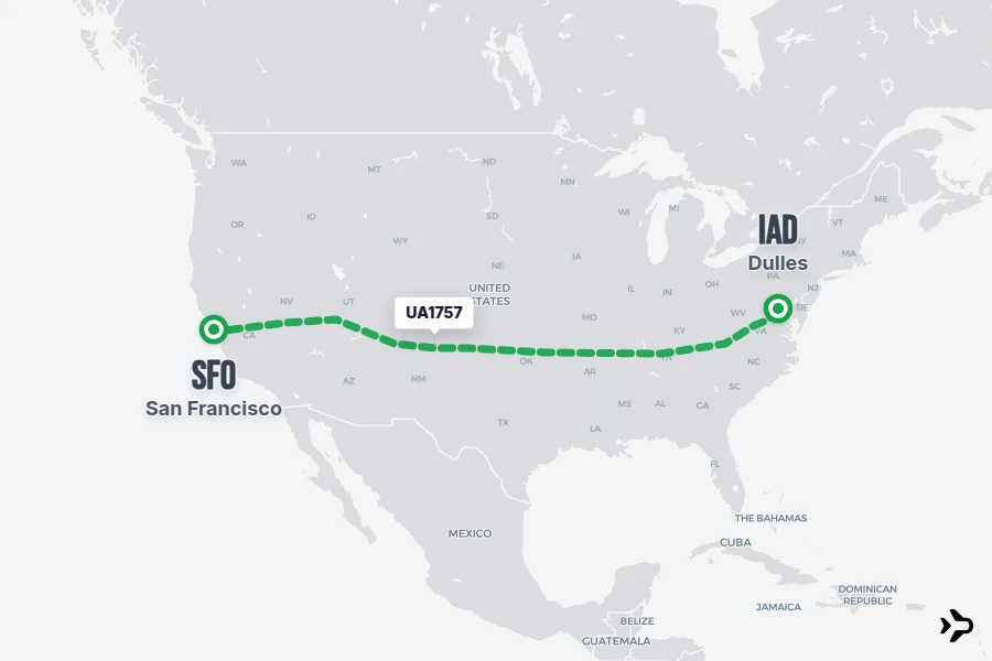 UA1757 flight map from IAD to SFO