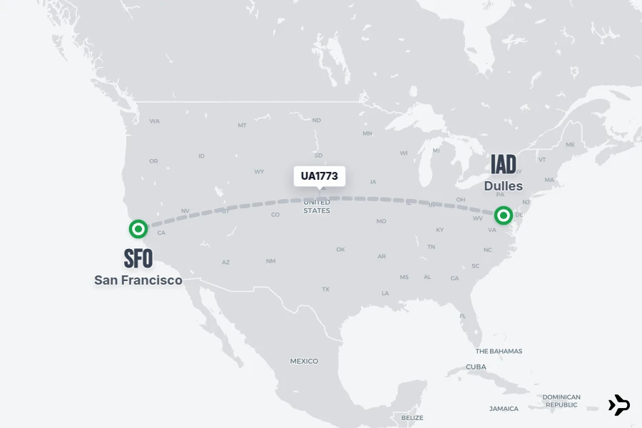 UA1773 flight map from IAD to SFO