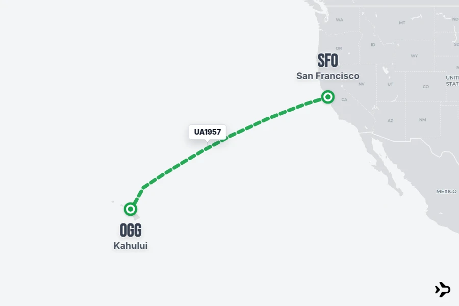 UA1957 flight map from SFO to OGG