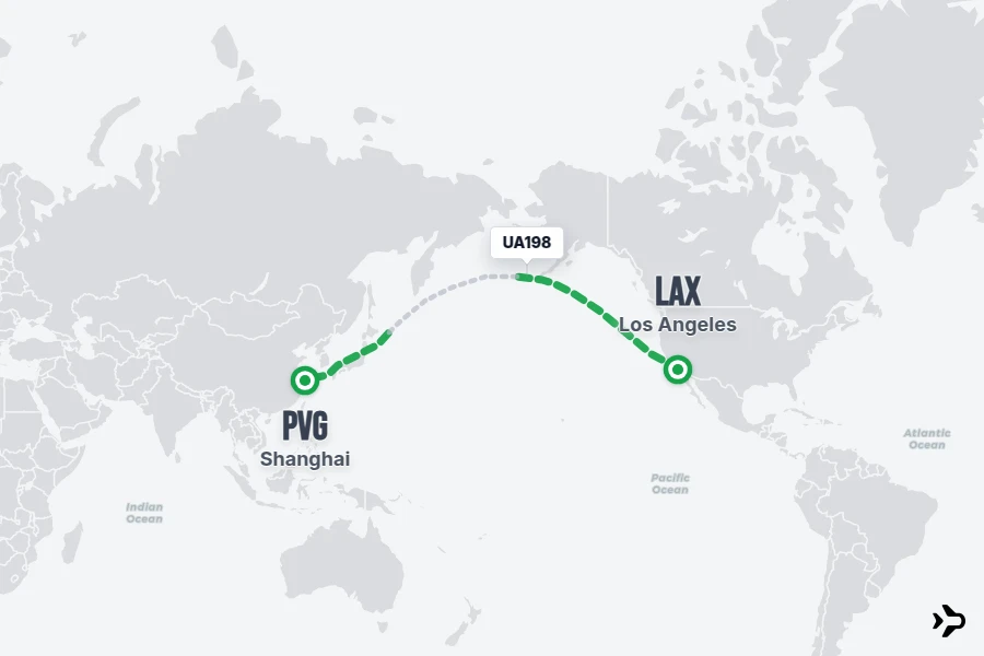 UA198 flight map from LAX to PVG
