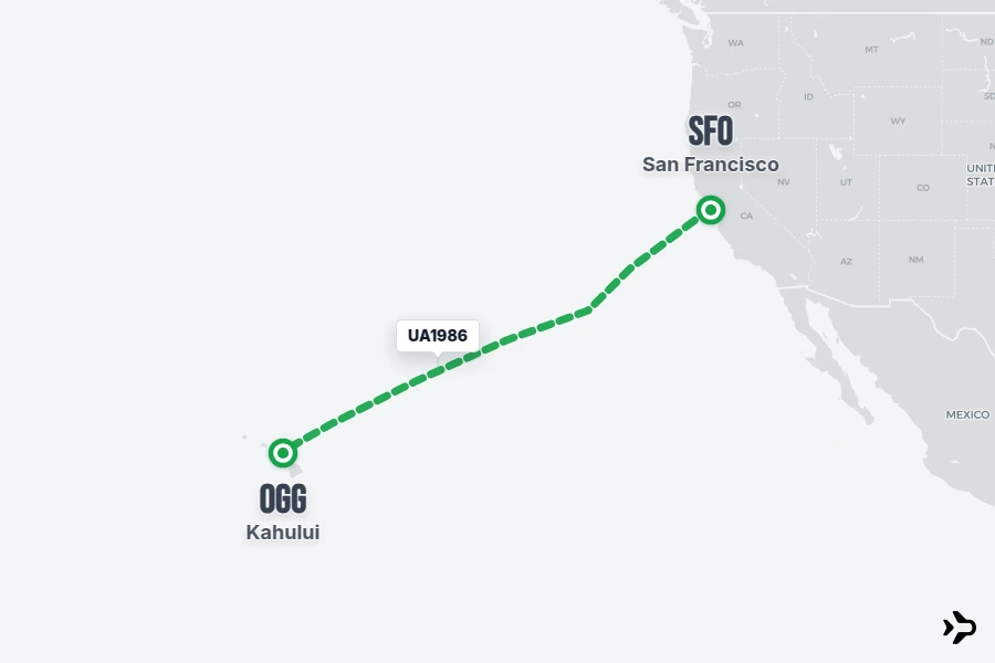 UA1986 flight map from SFO to OGG
