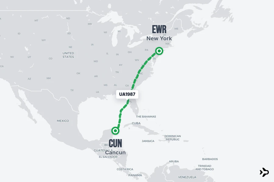 UA1987 flight map from EWR to CUN