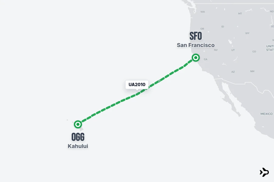 UA2010 flight map from SFO to OGG