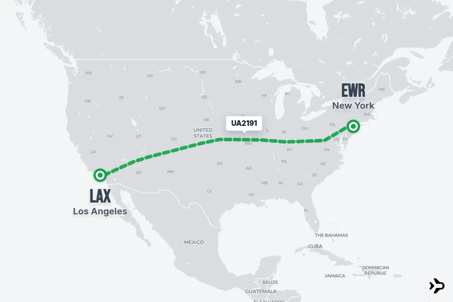 UA2191 flight map from EWR to LAX