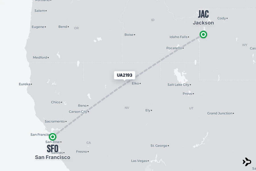 UA2193 flight map from JAC to SFO