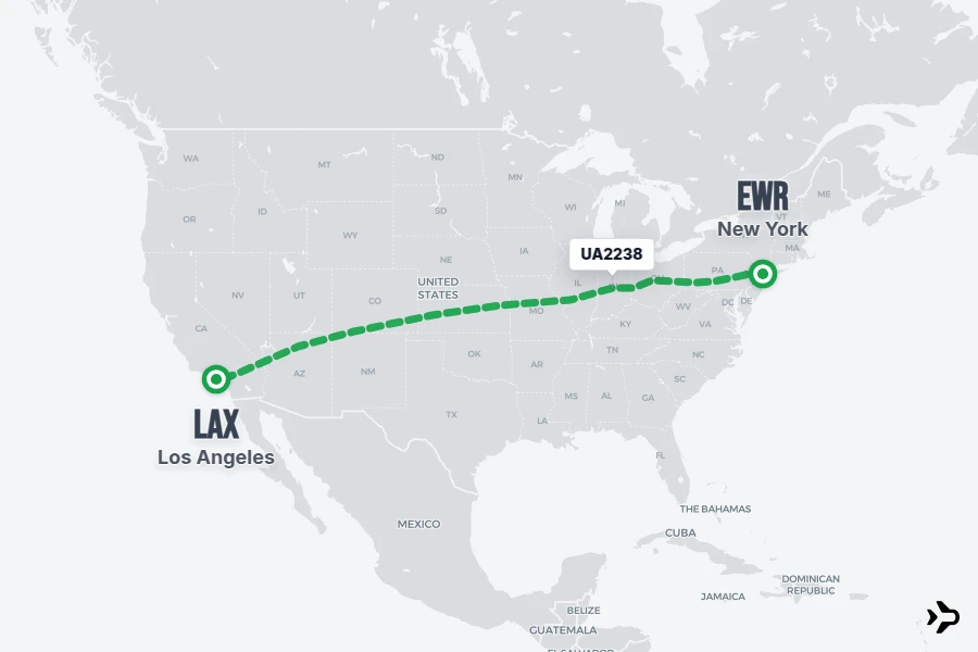 UA2238 flight map from EWR to LAX