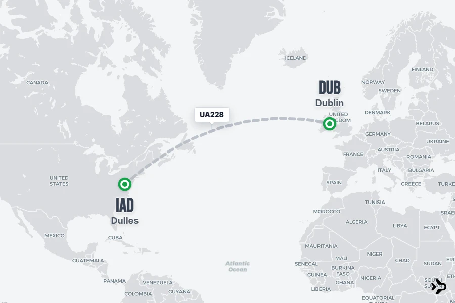 UA228 flight map from IAD to DUB