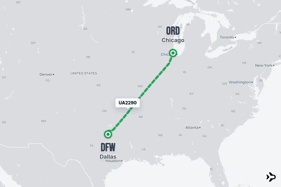 UA2290 flight map from ORD to DFW
