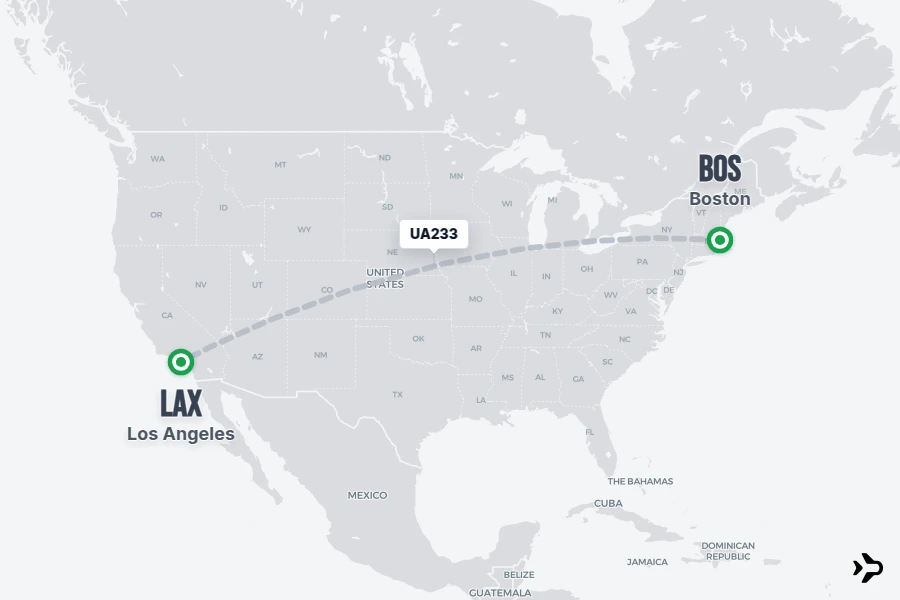 UA233 flight map from BOS to LAX