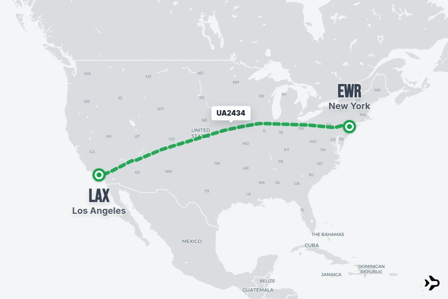 UA2434 flight map from EWR to LAX