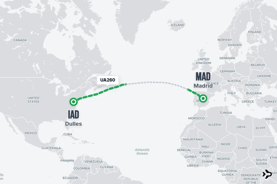 UA260 flight map from IAD to MAD