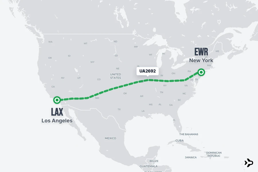 UA2692 flight map from EWR to LAX