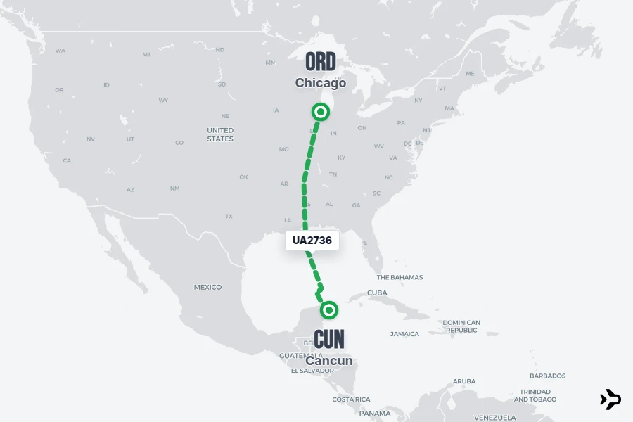 UA2736 flight map from ORD to CUN