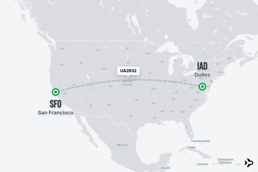 UA2832 flight map from IAD to SFO