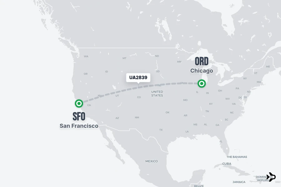UA2839 flight map from SFO to ORD