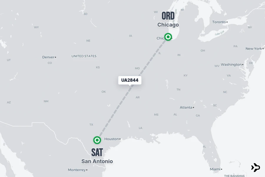 UA2844 flight map from ORD to SAT