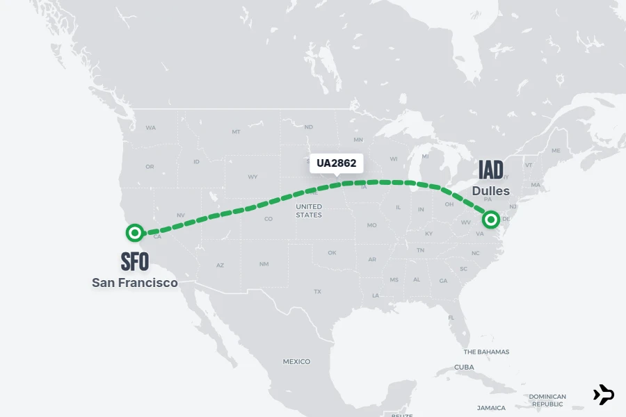 UA2862 flight map from IAD to SFO