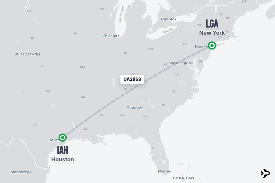 UA2863 flight map from IAH to LGA