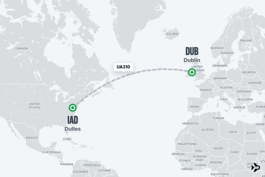 UA310 flight map from IAD to DUB