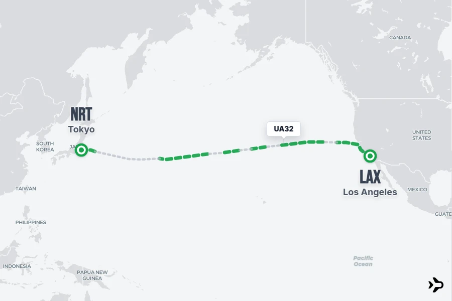 UA32 flight map from LAX to NRT