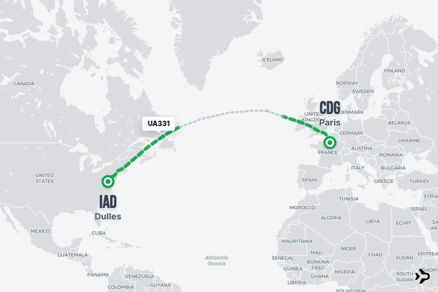 UA331 flight map from CDG to IAD