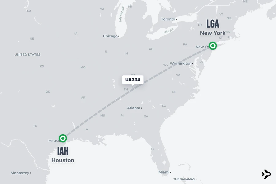 UA334 flight map from IAH to LGA