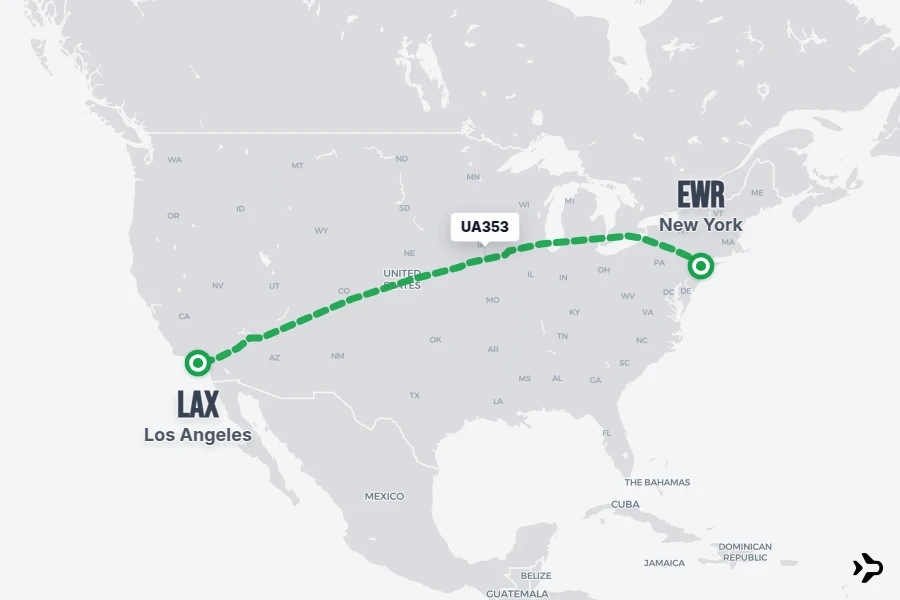 UA353 flight map from EWR to LAX