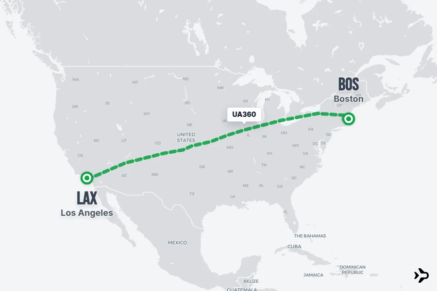 UA360 flight map from BOS to LAX