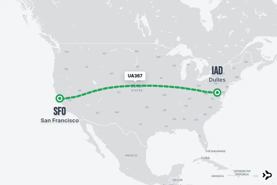 UA367 flight map from IAD to SFO